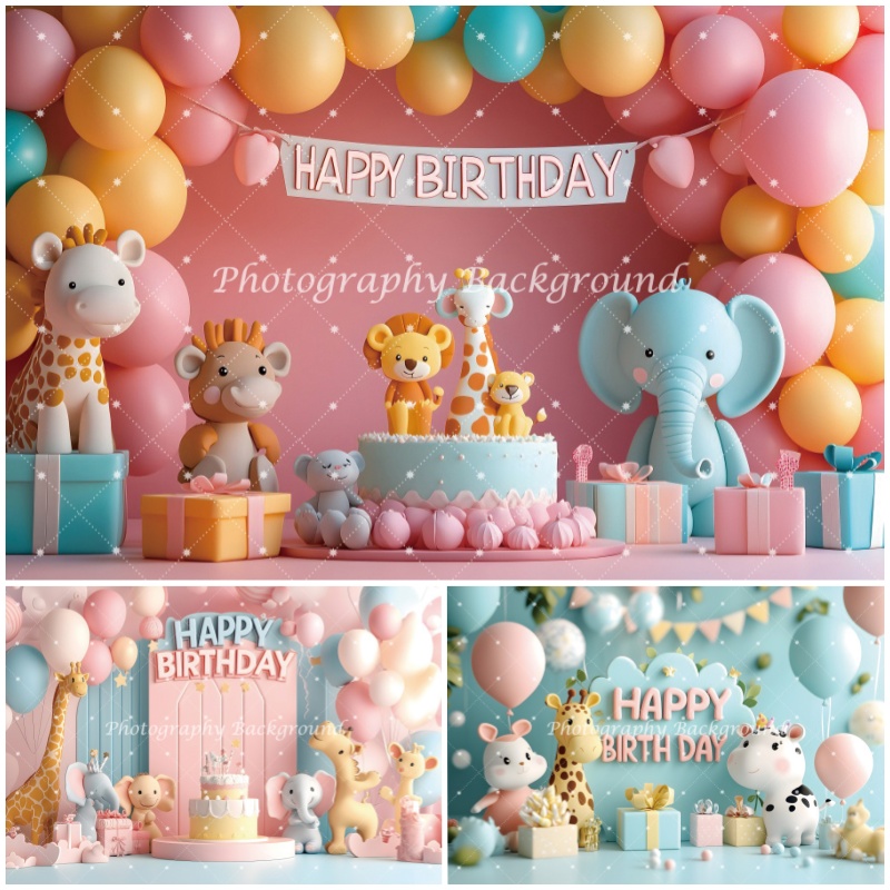 Photography Zoo - 정글 동물 생일 축하 배경 베이비